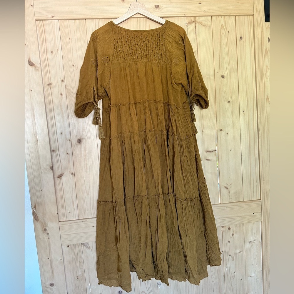 Free People Celestial Skies Midi Dress Tiered Oversized Mustard Yellow Bronze - Picture 3 of 5